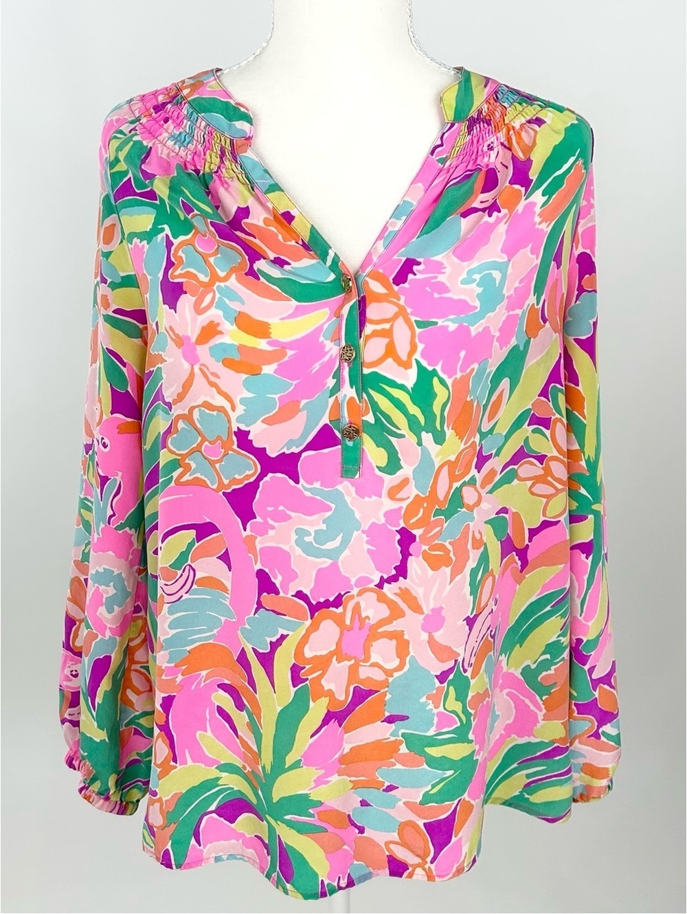 Lilly Pulitzer Silk Flamingo Tropical Print Blouse Top S Resort Coastal